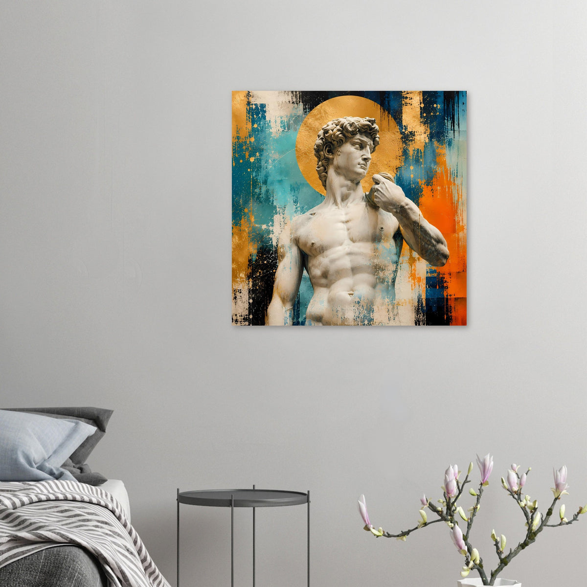 Poster mit Michelangelos David, goldener Kreis, weißer Statue und blau-orange Farbschicht