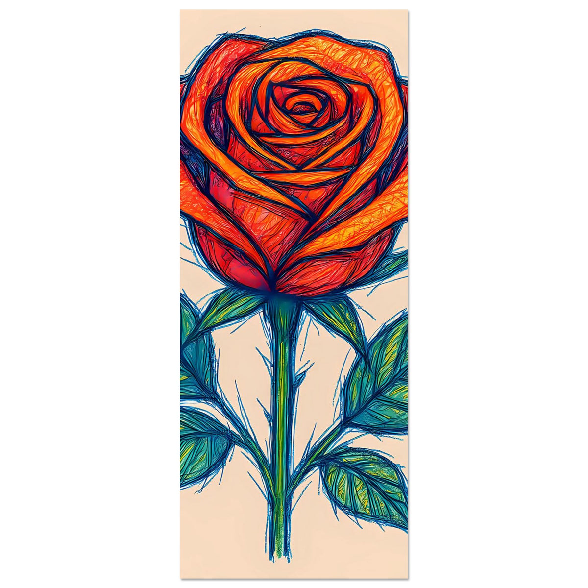 Hochformat-Poster mit Rose im Skizzenstil, orangefarbene Blüte oben, Blätter unten angeschnitten