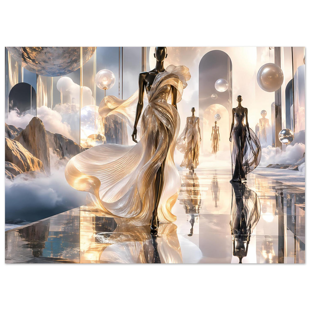 Horizontales Kunstposter: goldene Figur im wallenden Kleid, mehrere schwarze Silhouetten