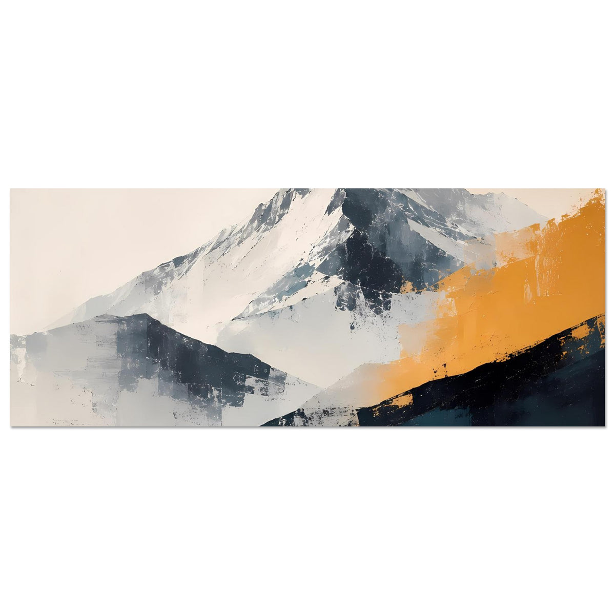 Horizontales Poster mit abstrakter Berglandschaft; Blau-Grau und ockerfarbene Akzente.
