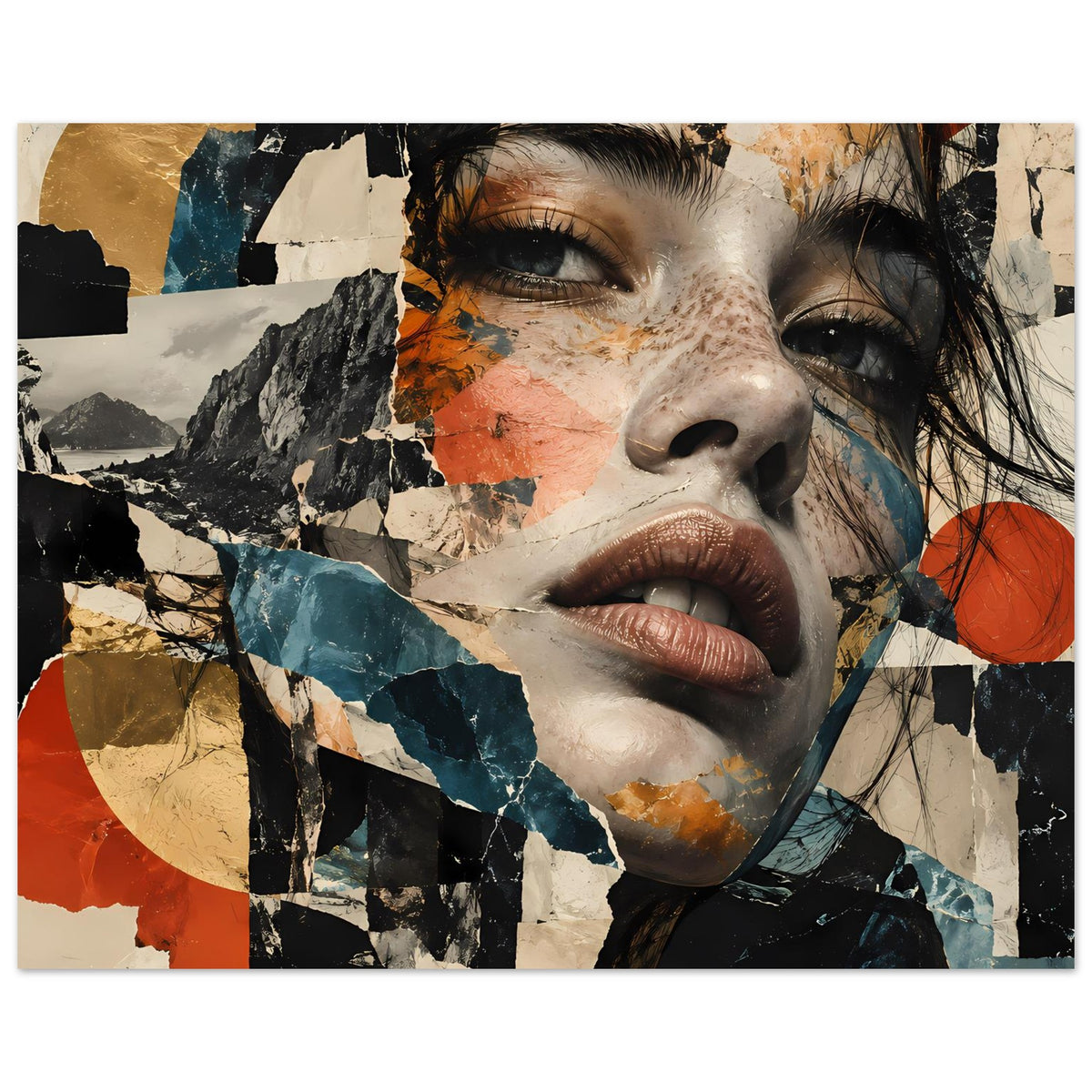 Abstraktes Collage-Porträt einer Frau, Querformat mit Blick ins Gesicht und Blau-Terrakotta-Kontrasten