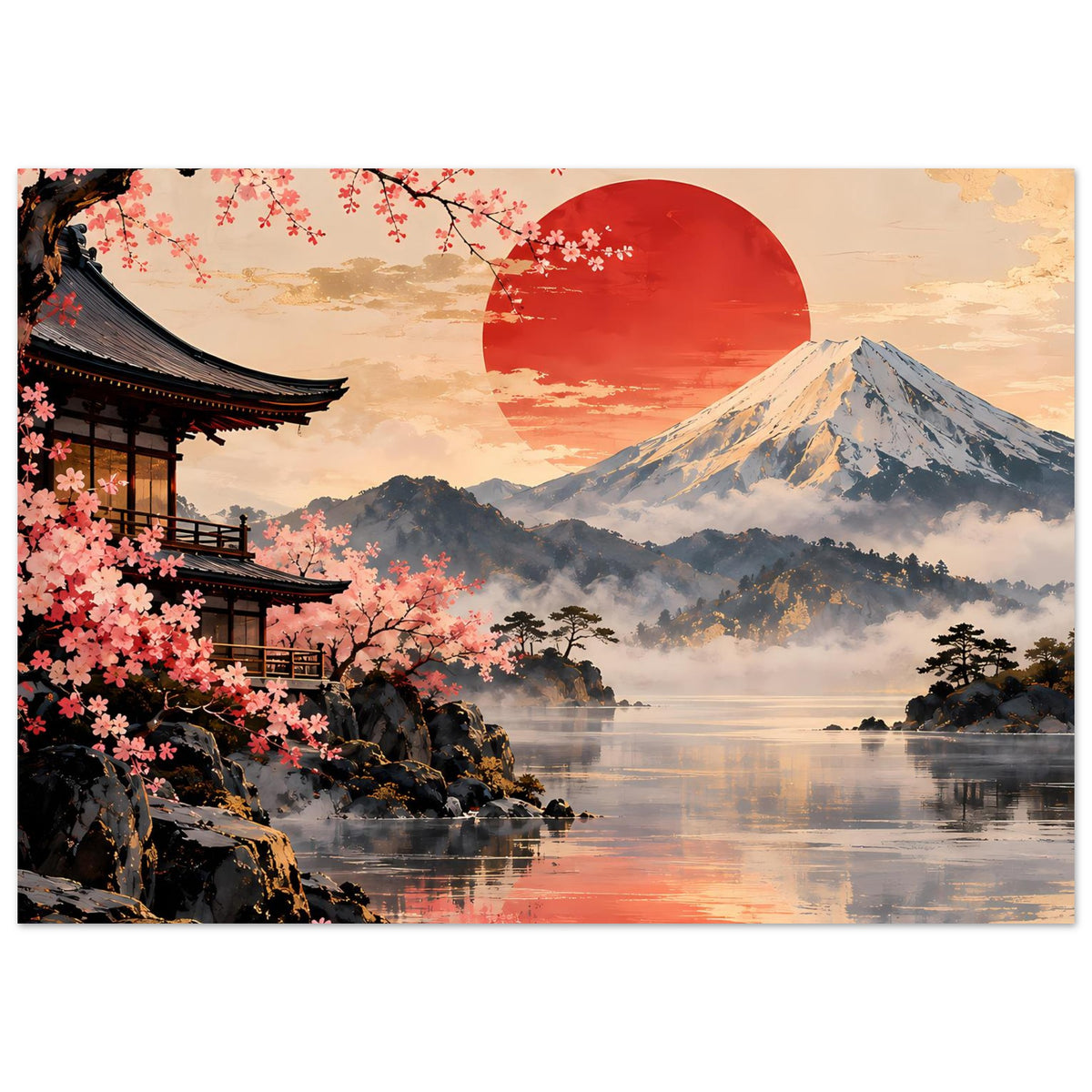 Japanisches Landschaftsposter mit Pagode links, Kirschblüten, Fuji-Gipfel und ruhigem Wasser