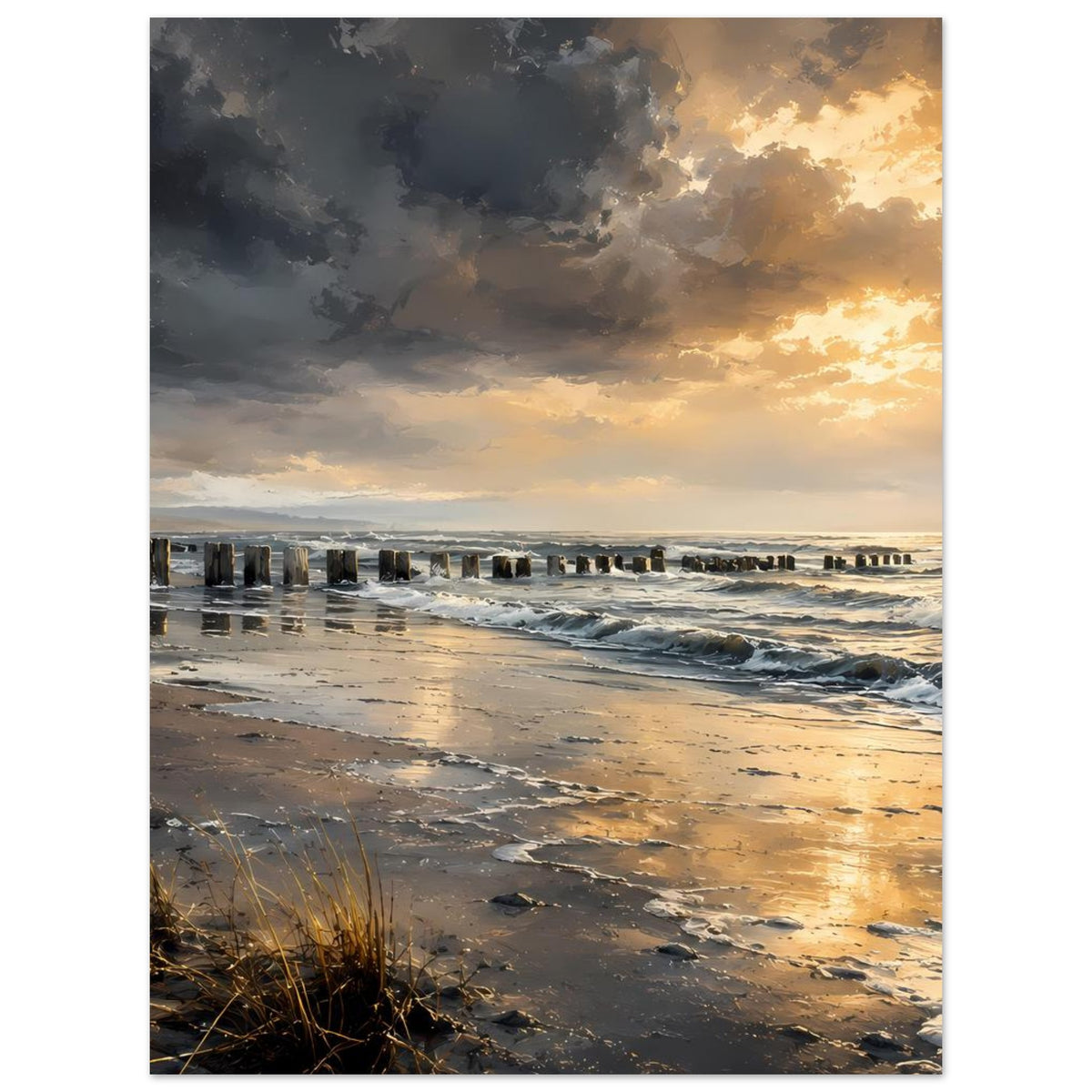 Poster mit Sandstrand, Schaumwellen und Pfählen im Meer bei goldenem Abendhimmel
