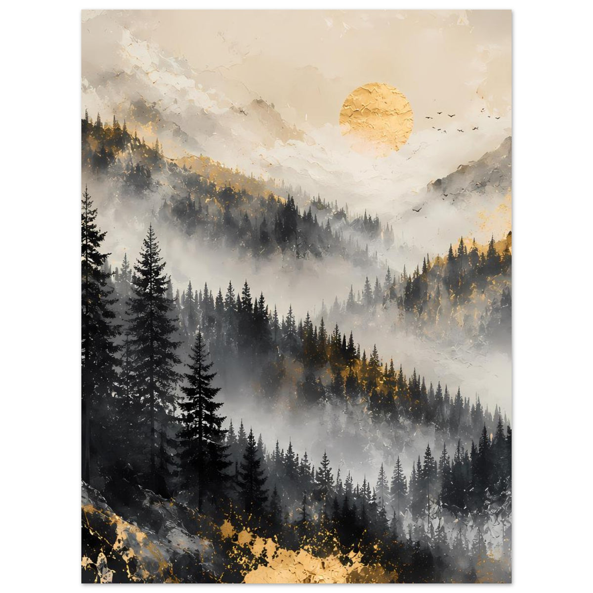 Berglandschaftsposter mit Nebel, Tannenwald, goldenen Akzenten und aufgehender Sonne