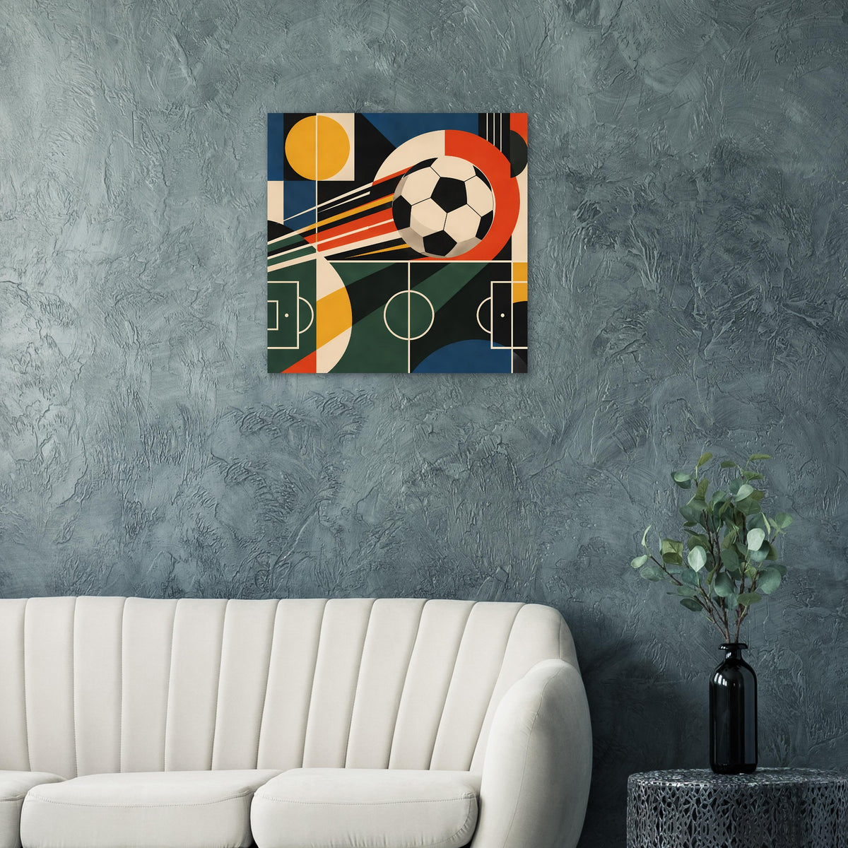 Abstraktes Geometrie-Poster zum Thema Fußball mit Ball, Kreisen und bunten Farbflächen