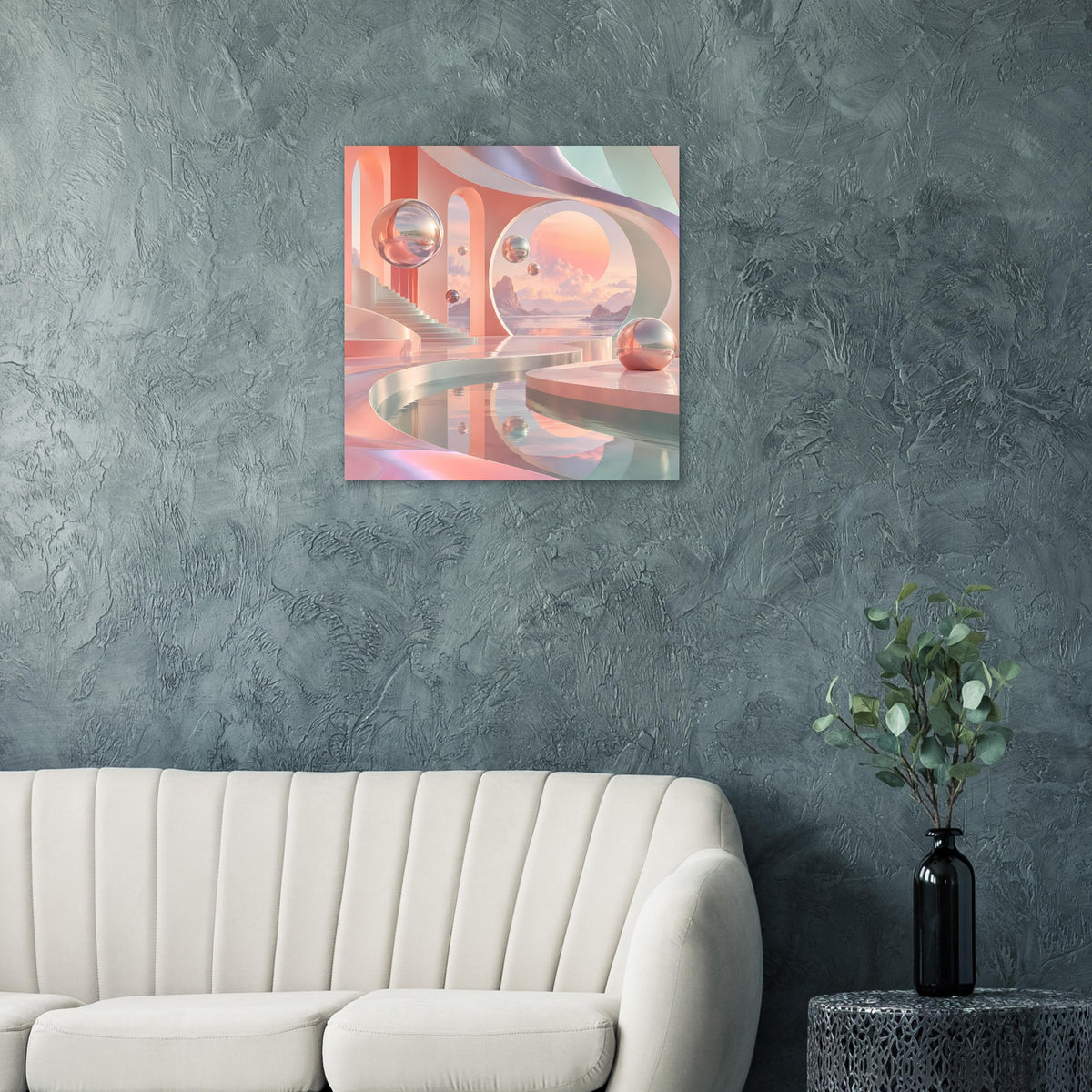 Quadratisches Poster mit surreale Pastell-Landschaft, spiegelnde Kugeln und Portalformen