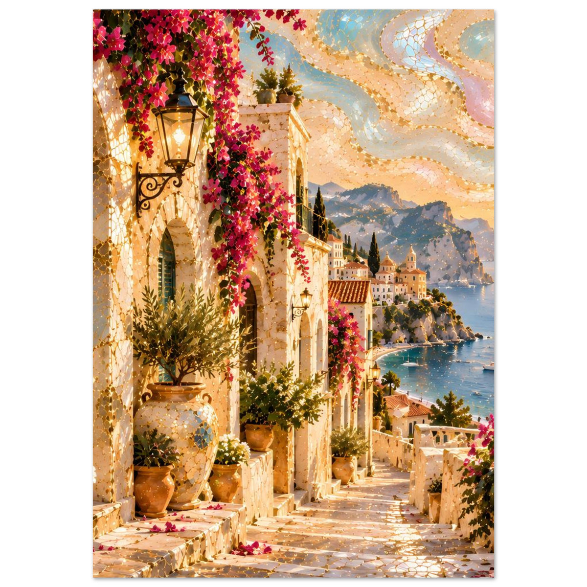 Deko-Poster: mediterrane Treppe mit Steingewölben, Laternen, roten Blüten und Küstenlandschaft