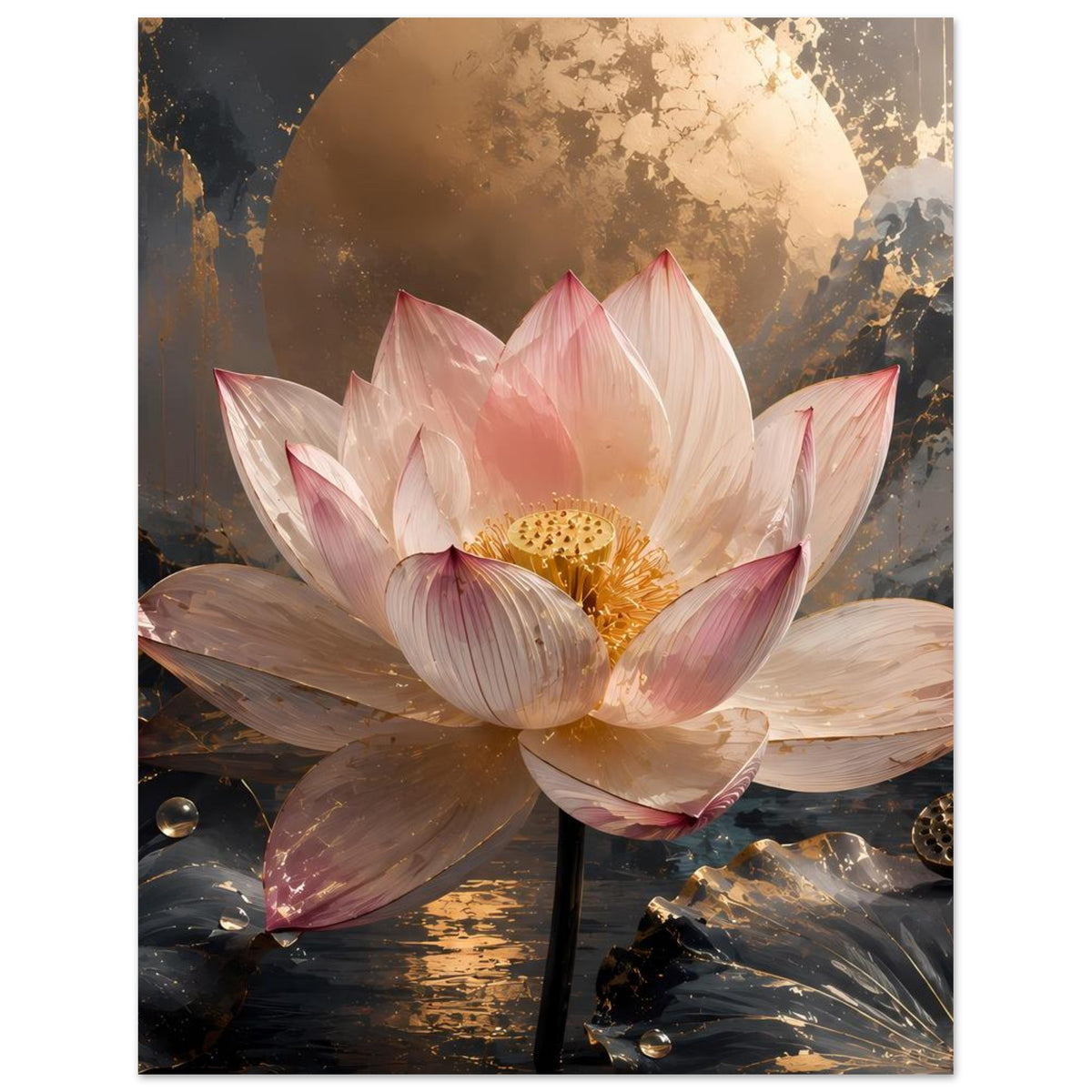 Poster mit rosa Lotusblüte, goldener Mondscheibe und dunklem Blattwerk