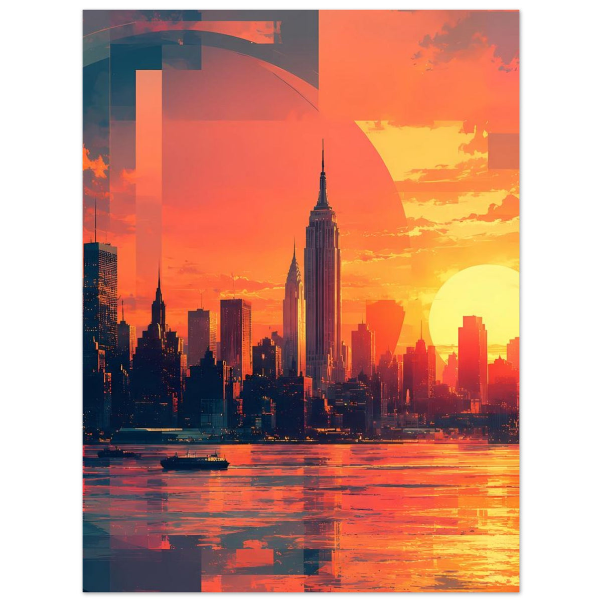 Sonnenuntergangsposter mit hohen Wolkenkratzern, Flussfläche und geometrischem Bogen