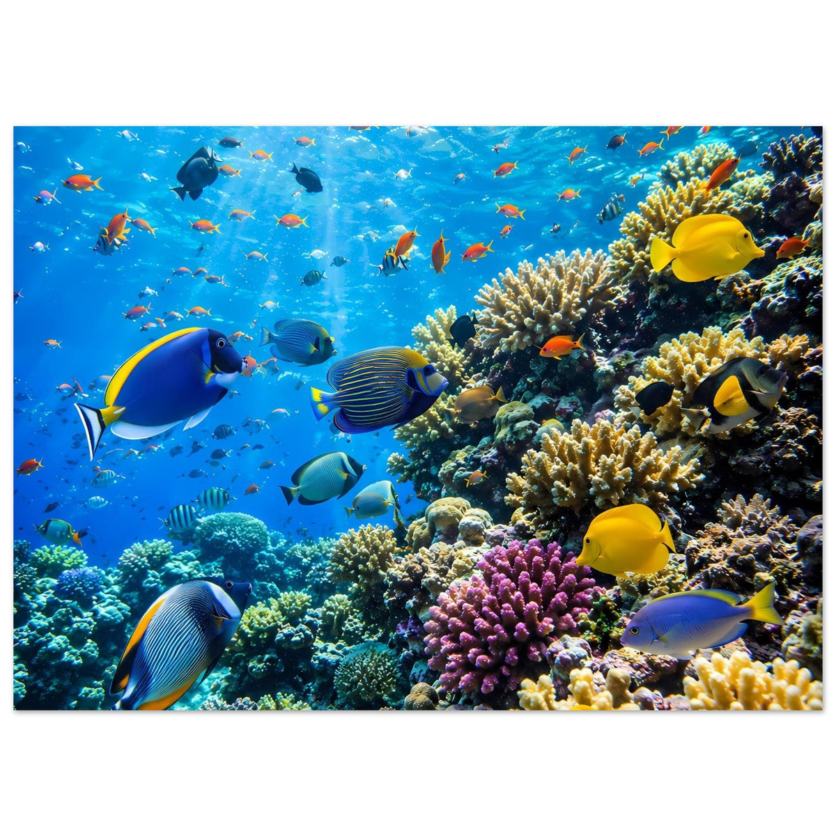 Korallenriff-Poster mit Schwarm tropischer Fische über buntem Korallenbereich