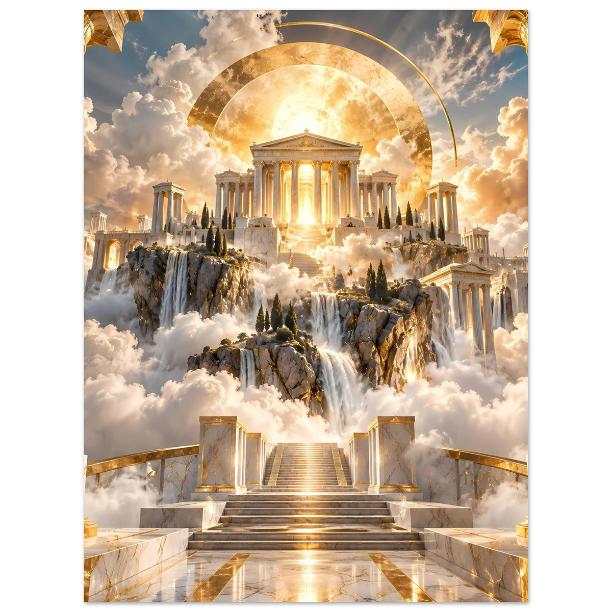 Poster mit zentralem Tempel unter Lichtbogen, Felsvorsprünge, Wasserfall und Marmortreppe