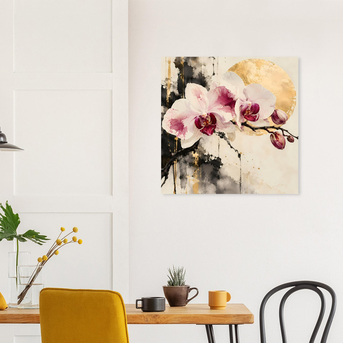 Gerahmtes Orchideenblütenposter in Rosa und Weiß mit goldenen Highlights und schwarz-grauen Texturen