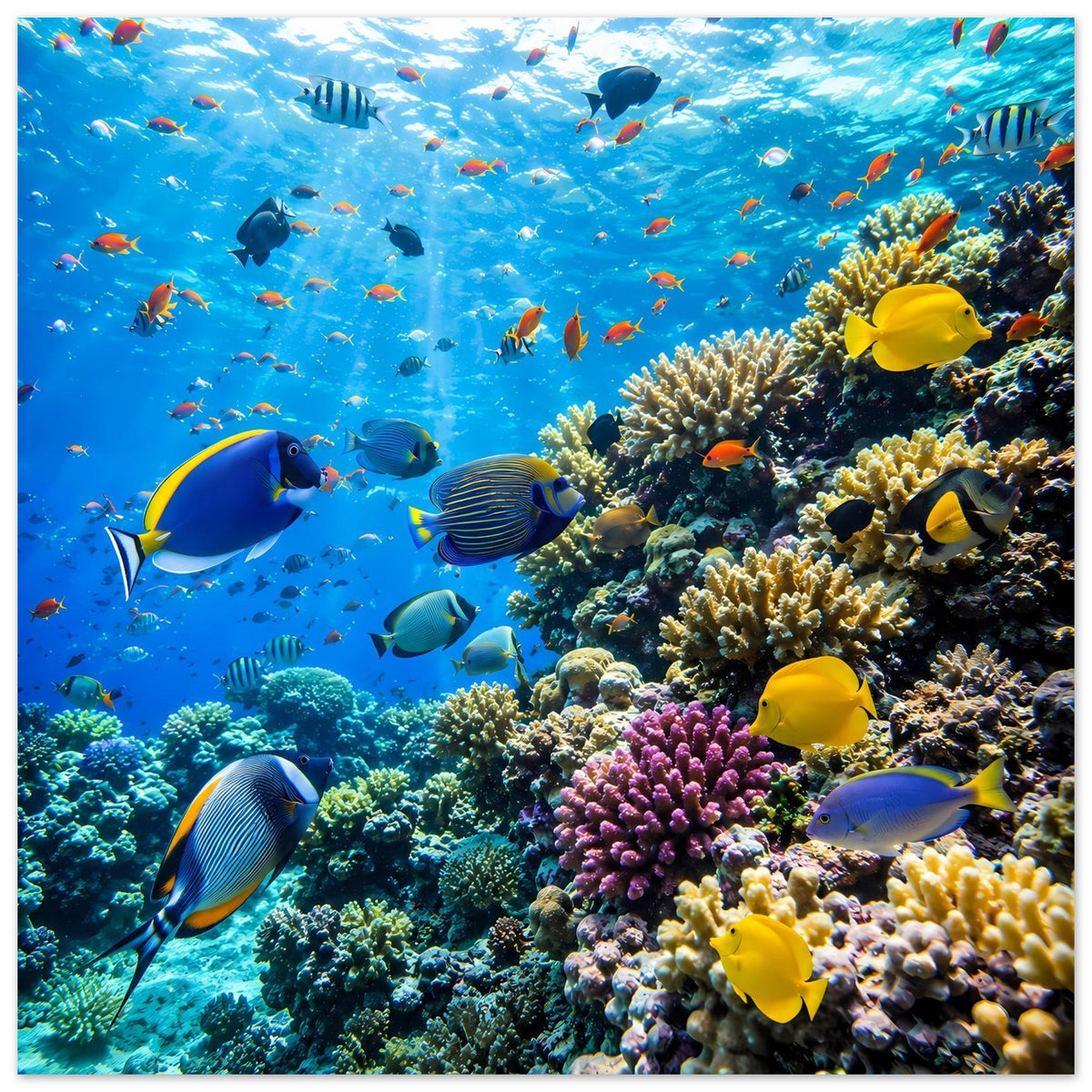 Unterwasser-Fischposter mit Korallenriff: gelbe Fische und bunte Korallen im Vordergrund