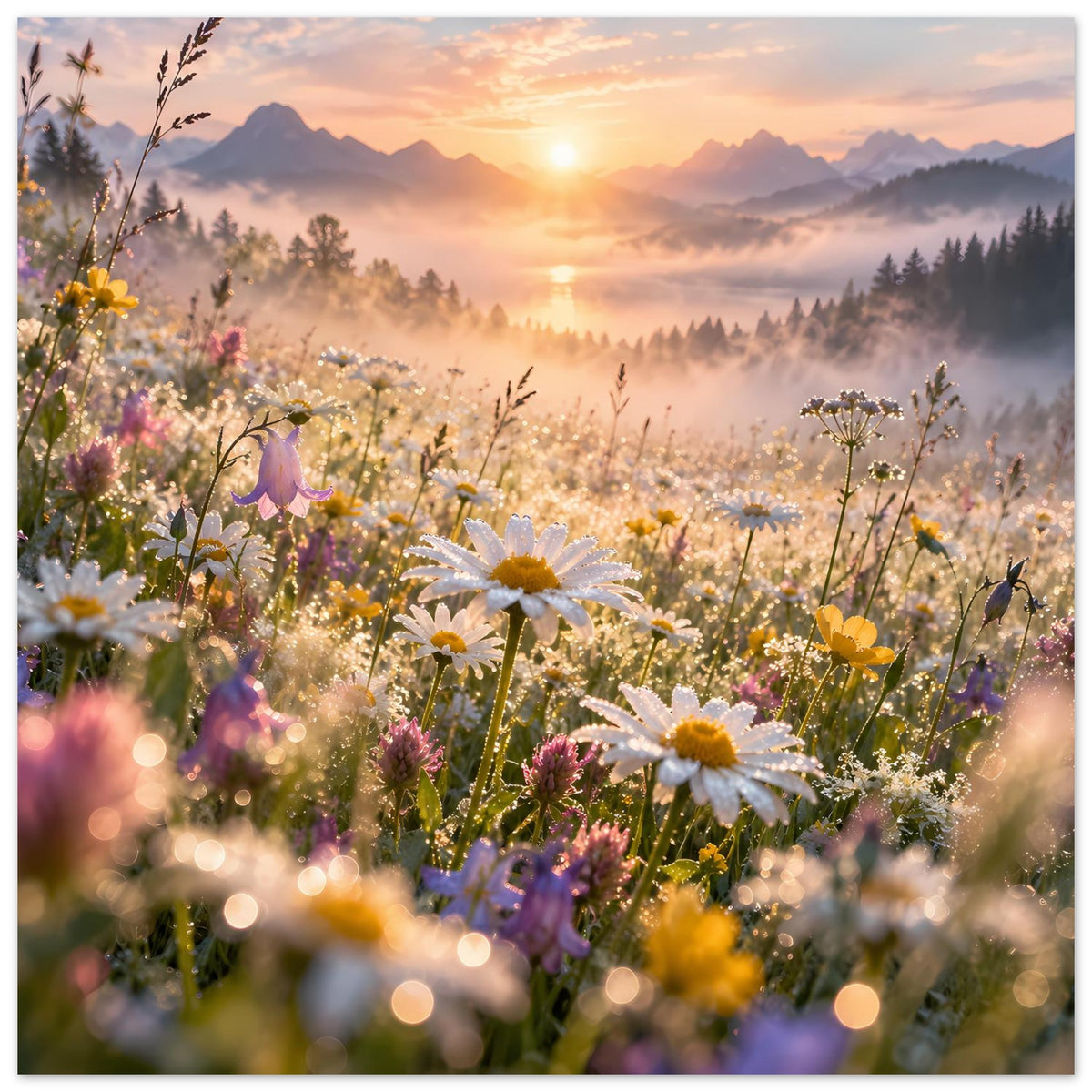 Gerahmtes Poster (horizontal) mit bunten Wiesenblumen, Sonnenaufgang und nebligen Bergen