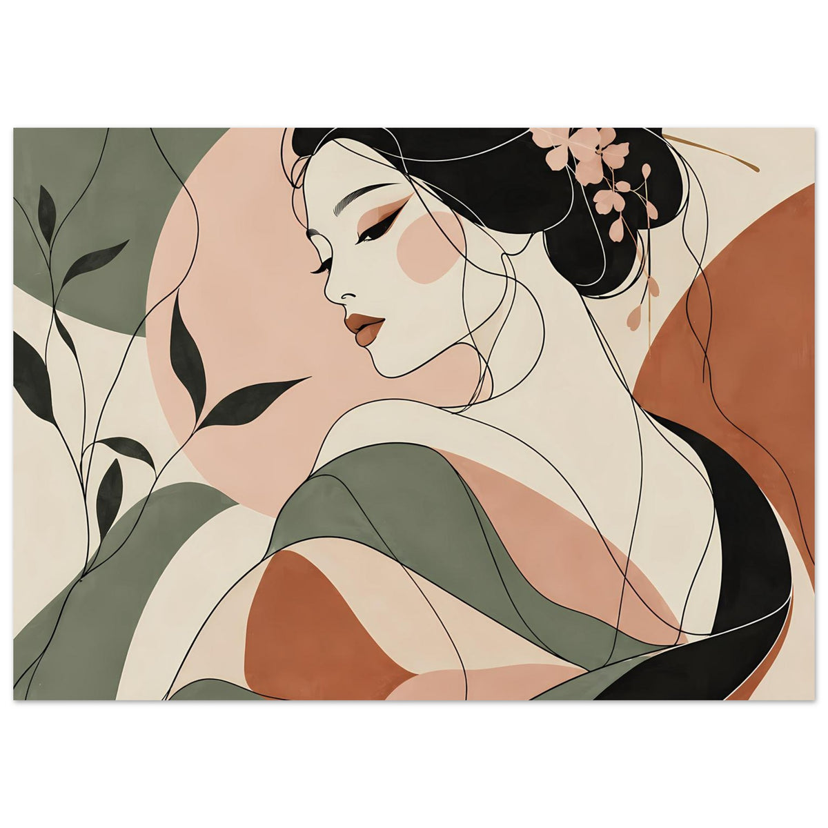 Geisha-Poster in Linienkunst: seitliches Porträt mit schwarzem Haarschopf und grünen Falten