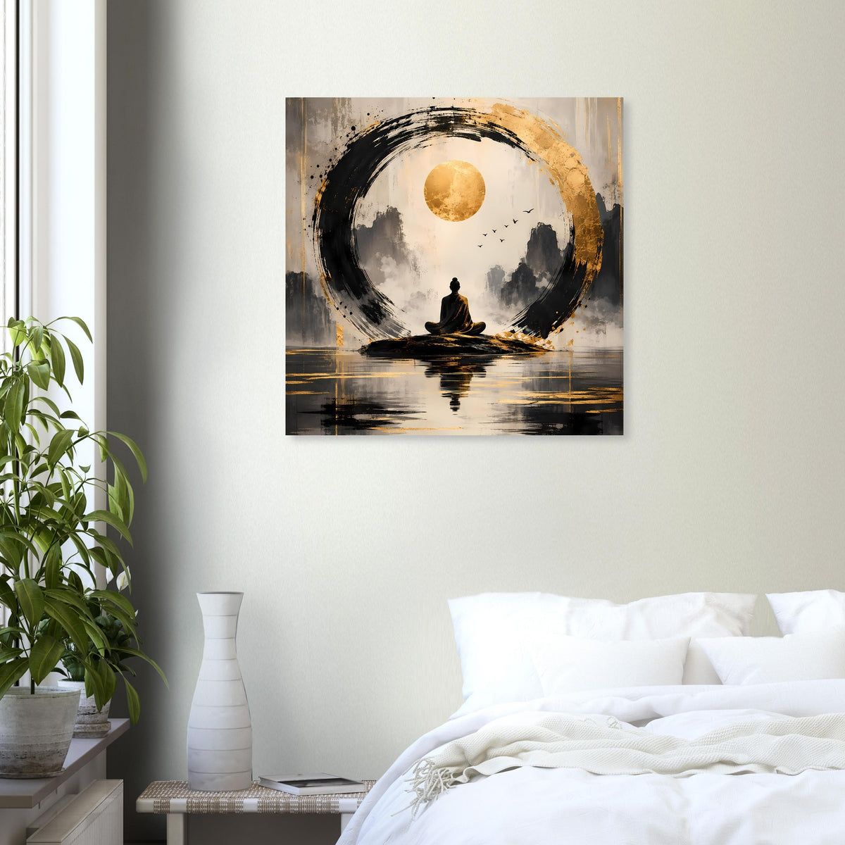 Zenposter mit goldener Mondscheibe und schwarzer Meditationsfigur vor ruhiger Wasserlinie