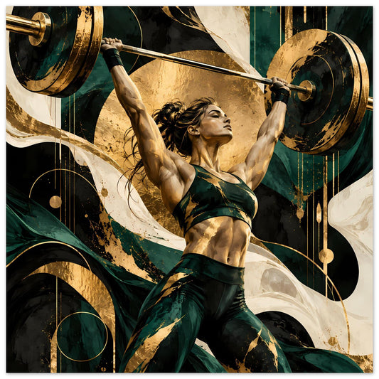 Kunstposter im Querformat: Athletin im grünen Outfit hebt Hantel über Kopf, Gold-Details