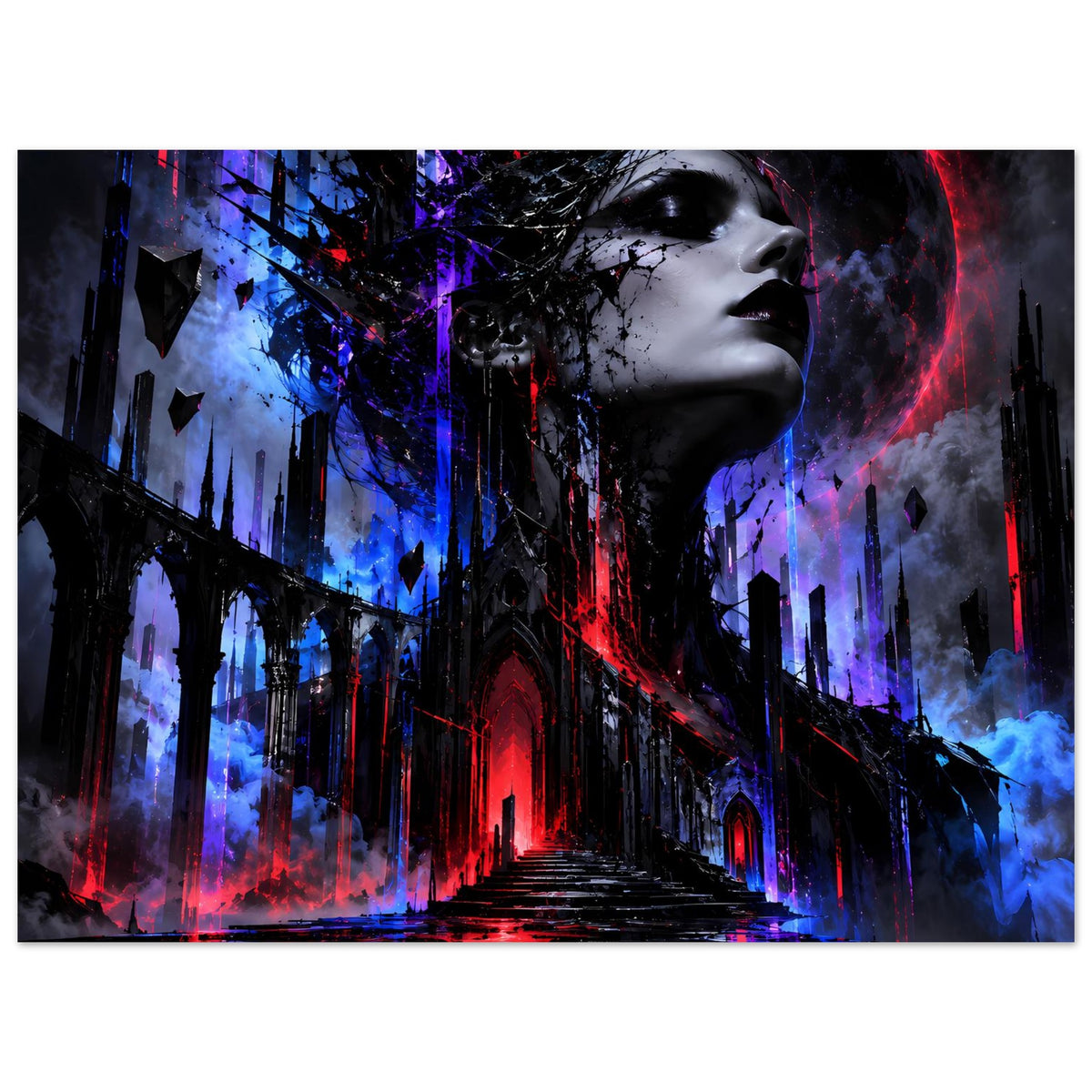 Neon-Gothic-Poster mit Profilgesicht, rotem Mondhalo, Türmen und Rauch am Rand