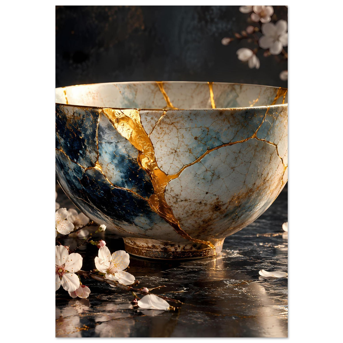 Poster mit Schüsselmotiv: goldener Reparaturstreifen, gesprungenes Blau-Weiß, Blüten