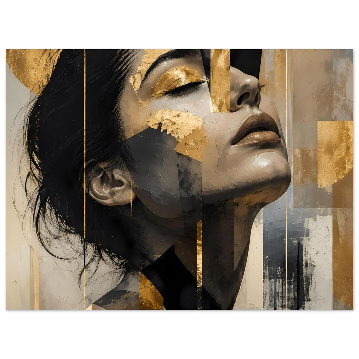 Abstraktes Frauenporträt-Poster mit goldenen Details, grauschwarzes Profil und stilisierte Linien