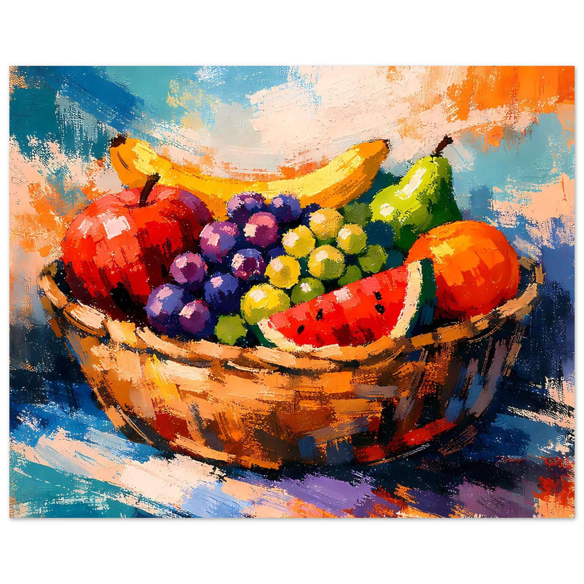 Obstkorb-Poster mit farbenfroher Fruchtschale, rote Wassermelone, violette und gelbe Trauben