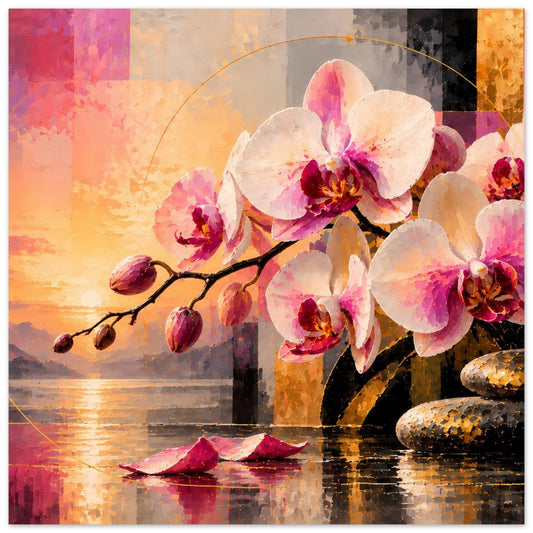 Poster mit rosa Orchideen, Zweig, Spiegelung im Wasser und warmem Sonnenuntergang