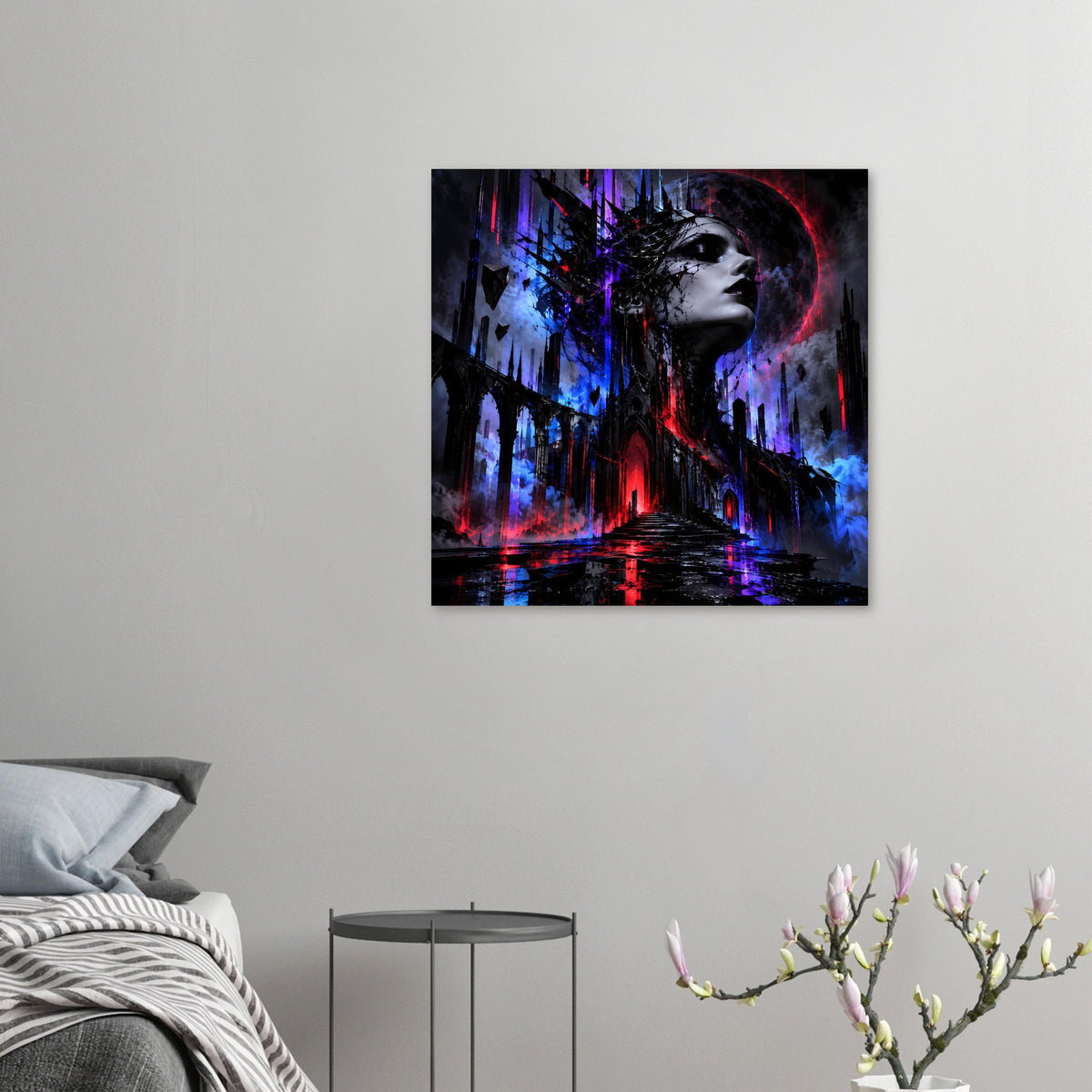 Kleines Gothic-Fantasy-Poster: weibliches Profil, Neonblau/-rot in düsterer Stadt