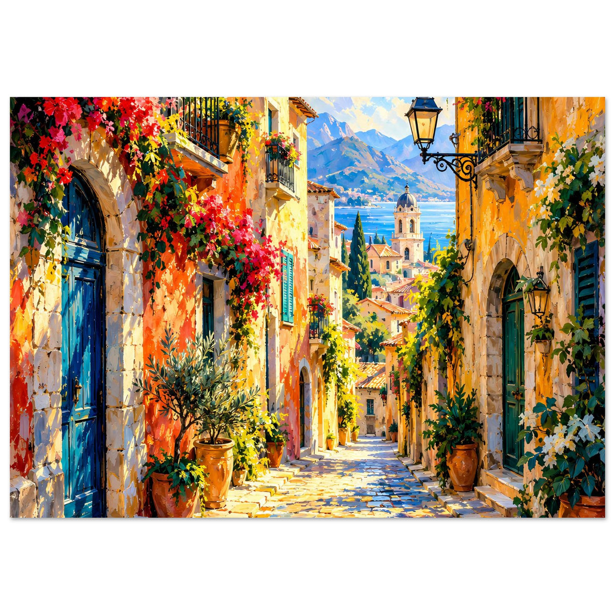 Mediterranes Gassen-Poster, Blick in die Straße mit Blumentöpfen, Laterne und Meerblick