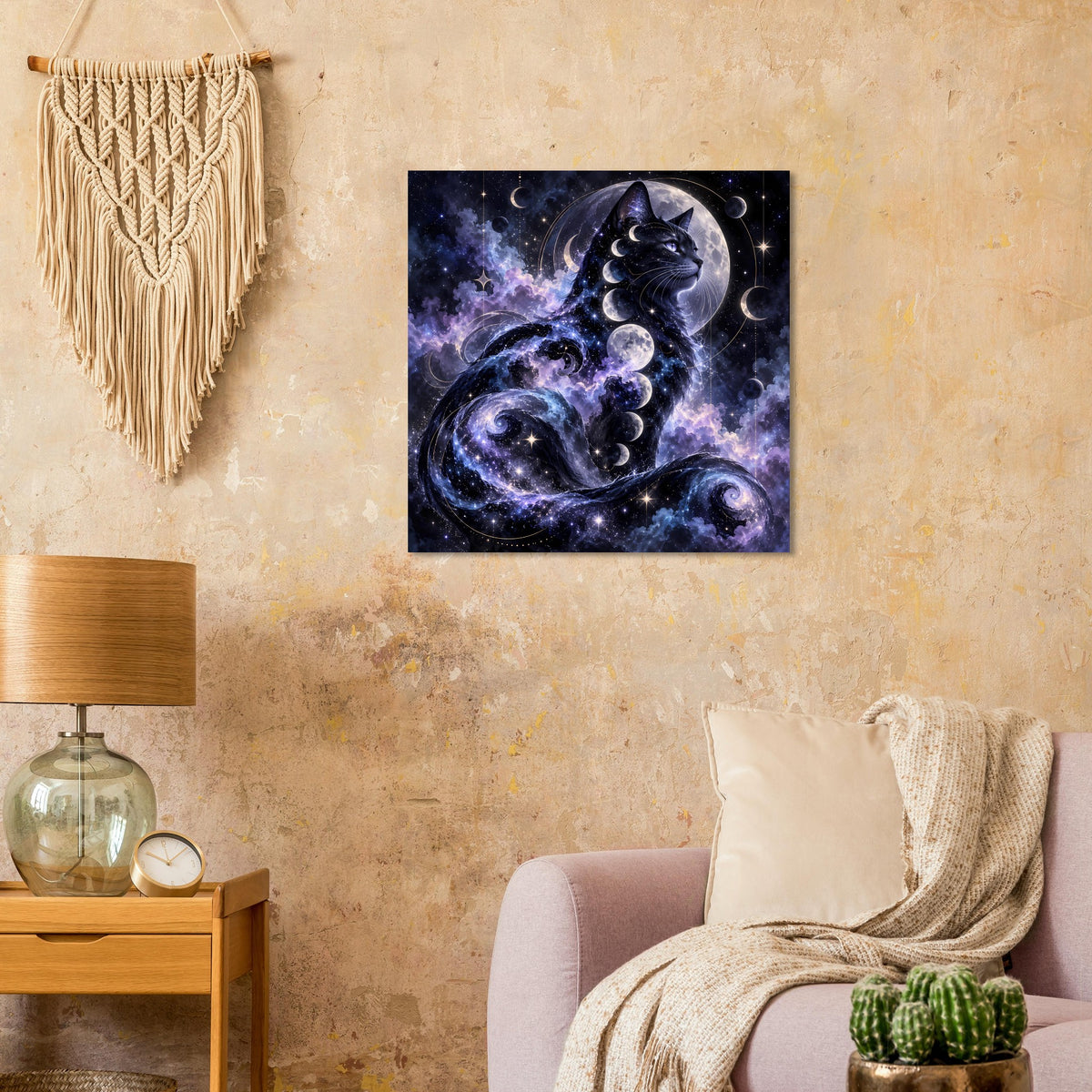 Poster mit kosmischer Katze im Sternenhimmel, Mondphasen, quadratisch, schwarzer Rahmen