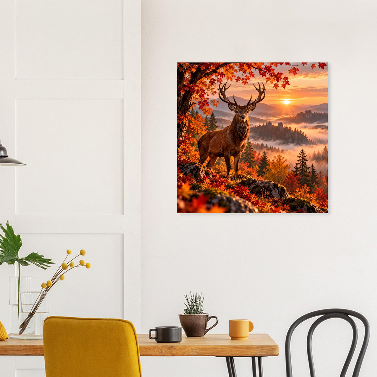 Hirsch-Poster im Herbstmotiv: brauner Hirsch, orange Laubkronen und Abendhimmel.