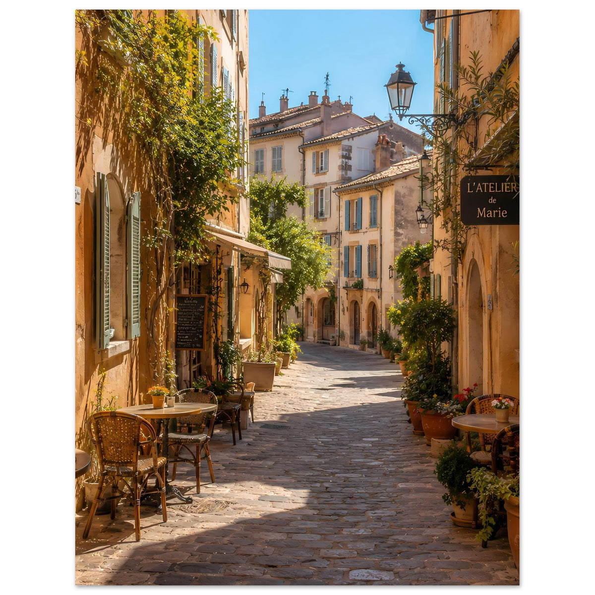 Poster in Hochformat: mediterrane Gasse mit Bistrostühlen, Töpfen und Altstadtgebäuden