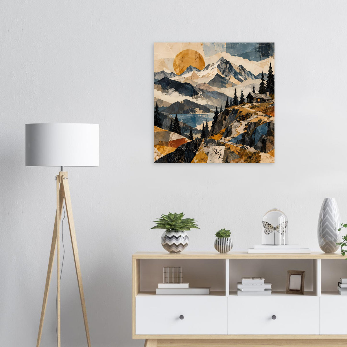 Naturposter mit Berglandschaft in Blau-, Grau- und Ockertönen, gerahmt