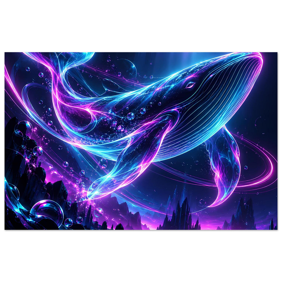 Unterwasserposter im Querformat: leuchtender Neon-Wal in Pink und Blau, detailreiche Blasen