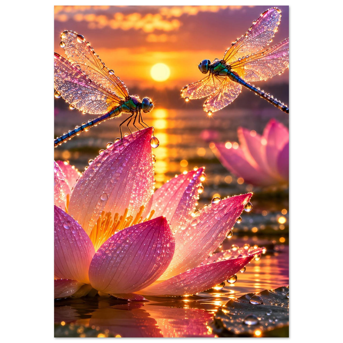 Hochformat-Poster mit Libellen auf rosa Lotusblüten, Abendsonne im Hintergrund