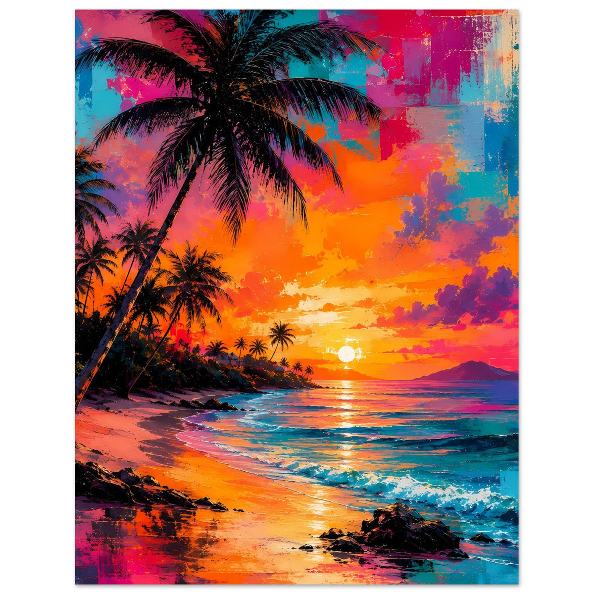 Neon-Palmenstrand-Poster im Hochformat mit farbkräftigem Sonnenuntergang und Strand