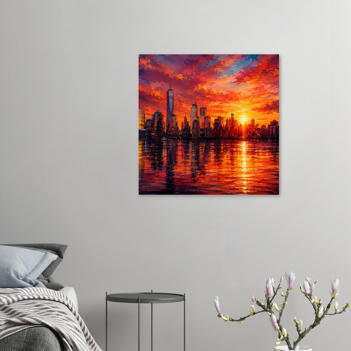Kleines Poster mit New-York-Skyline, One World Trade Center und orange-rotem Sonnenuntergang über Wasser