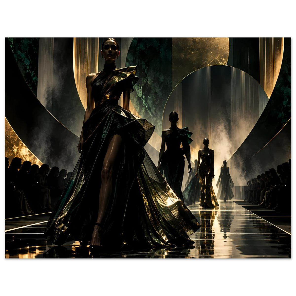 Poster mit Mode-Model in schwarzem Kleid mit gold schimmernden Partien, mehrere Silhouetten