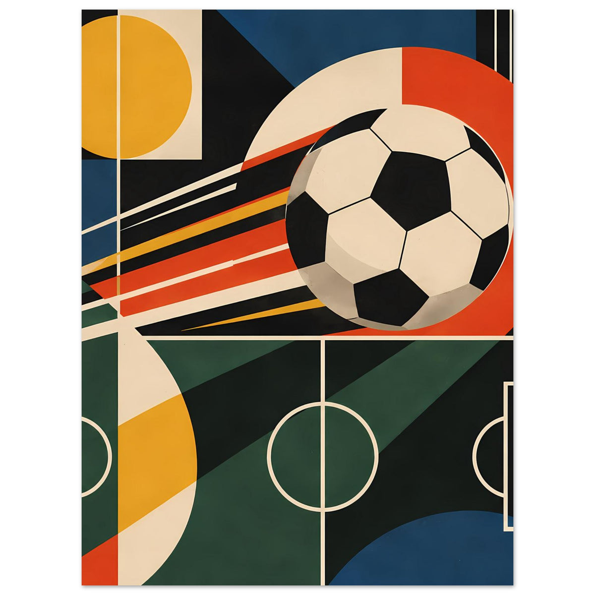 Abstraktes Fußballposter mit großem Ball, Linienraster und Farbakzenten