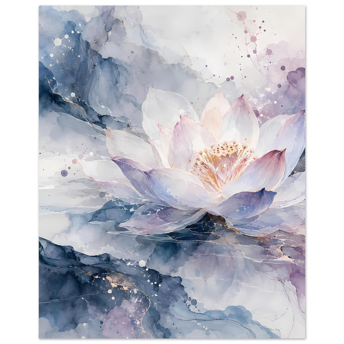 Blumenposter im Hochformat: Lotusblüte in Pastellblau, Rosa und Lila, Aquarell