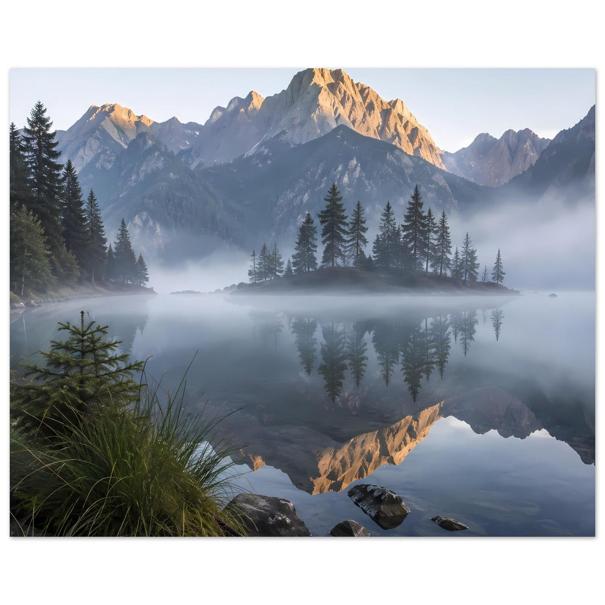 Landschaftsposter im Querformat mit Bergmassiv, Fichten und Spiegelung im Morgennebel