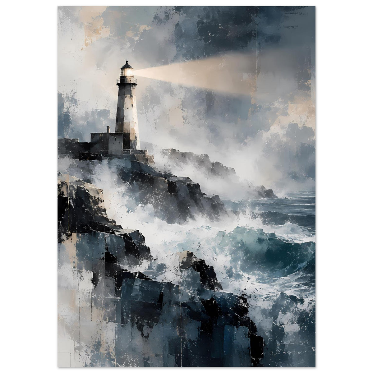 Maritimes Poster im Hochformat mit Leuchtturm, Klippen und Wellen in dunklem Blau