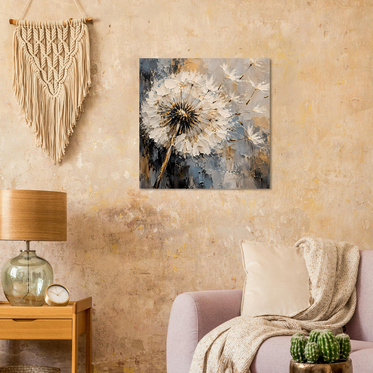 Löwenzahn-Kunstposter mit Pusteflocken in Beige, Blau und goldenen Akzenten