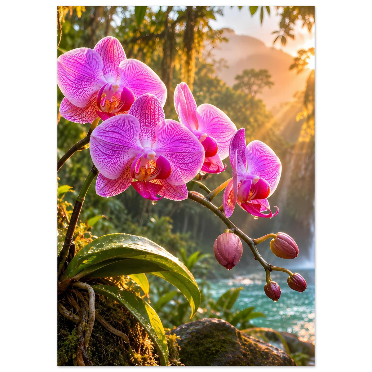 Naturposter mit pinken Orchideenblüten an einem rankenden Zweig
