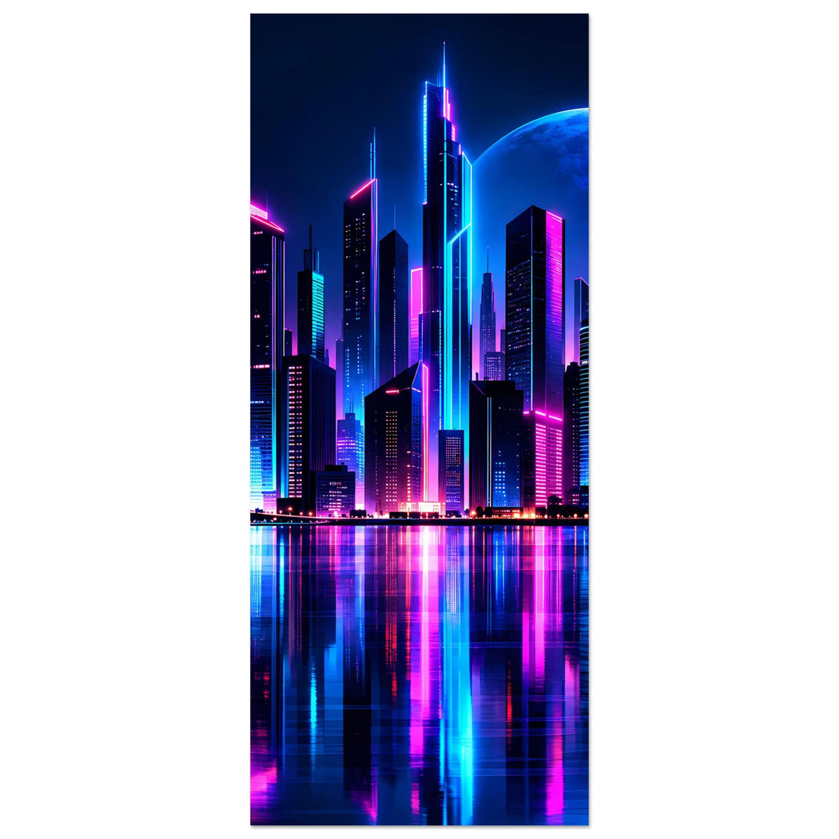 Neon-Stadtmotiv-Poster, vertikal zugeschnitten: Skyline mit Neonfarben, blauer Mondscheibe und Reflexion