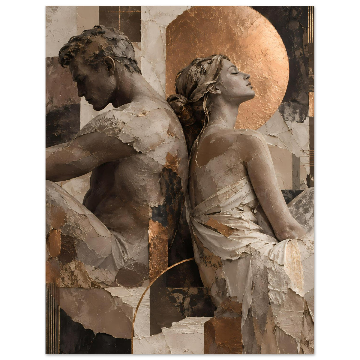 Kunstposter: zwei sitzende Figuren, gewebte Linienakzente, warmes Beige-Braun mit Goldkreis