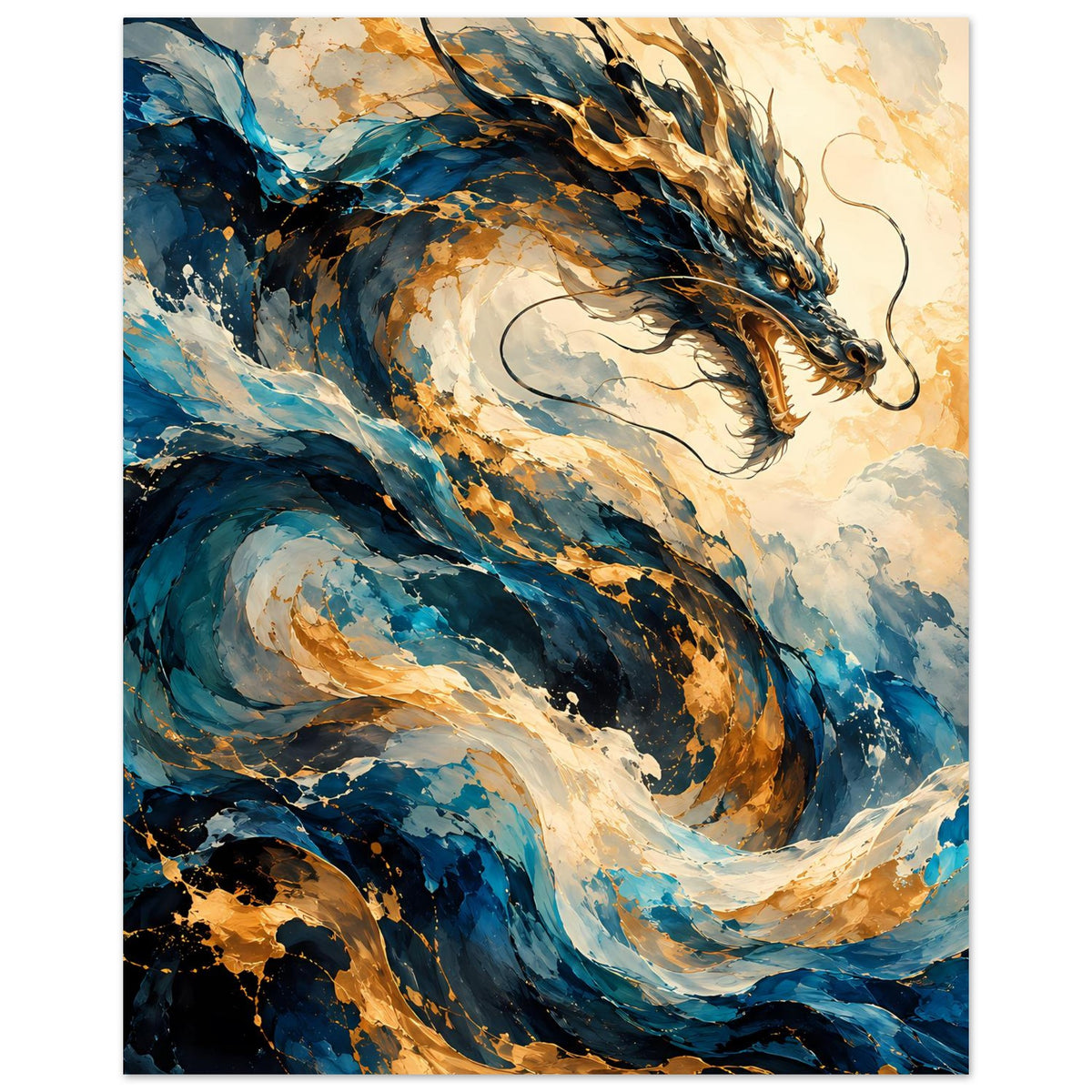 Drachen-Fantasyposter mit blauem Drachen und goldenen Akzenten, seitlich dargestellt