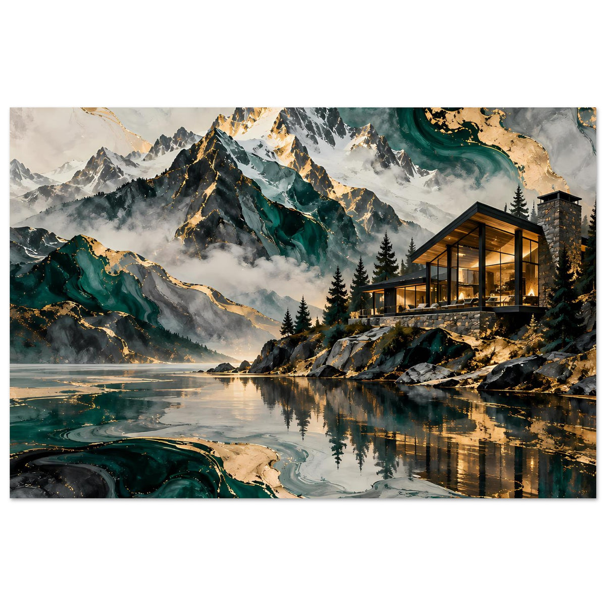 Poster mit Bergsee, türkisgrüner Ader und warm beleuchtetem Glashaus am Ufer