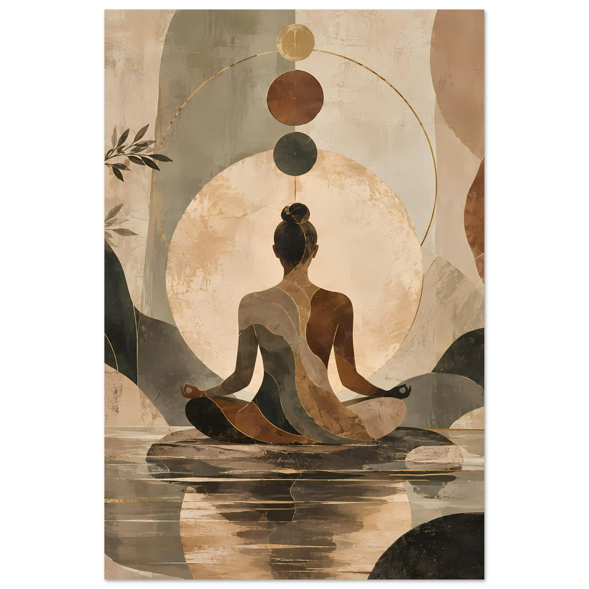 Abstraktes Poster mit Meditationsfigur im Kreis, dunklen Konturen und sanften Brauntönen