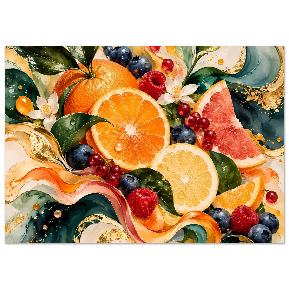 Luxuriöses Premium-Poster mit Zitrusfrüchten, Beeren und goldenen Akzenten im Obstdesign