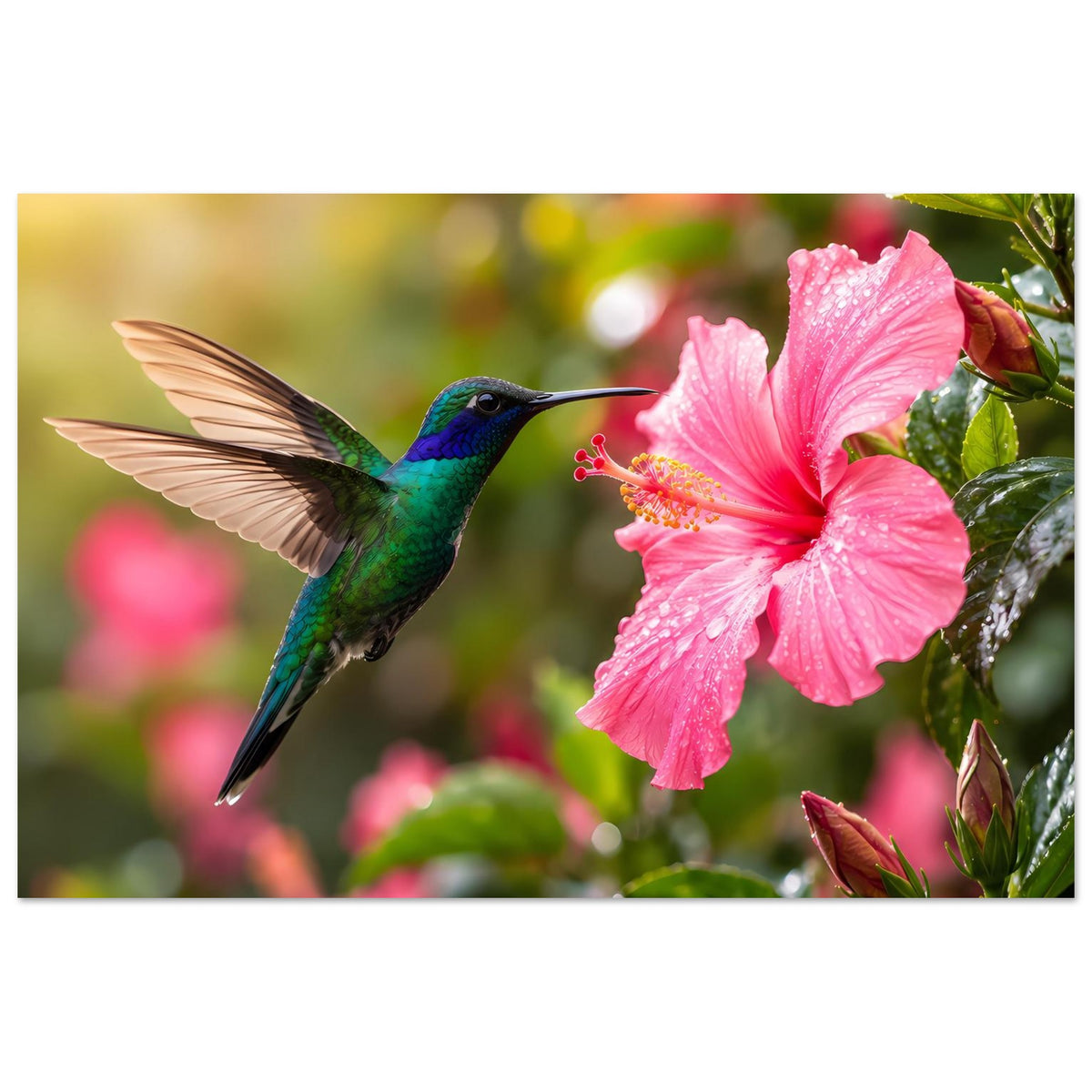 Naturposter: bunter Kolibri an der Seite einer großen pinken Hibiskusblüte